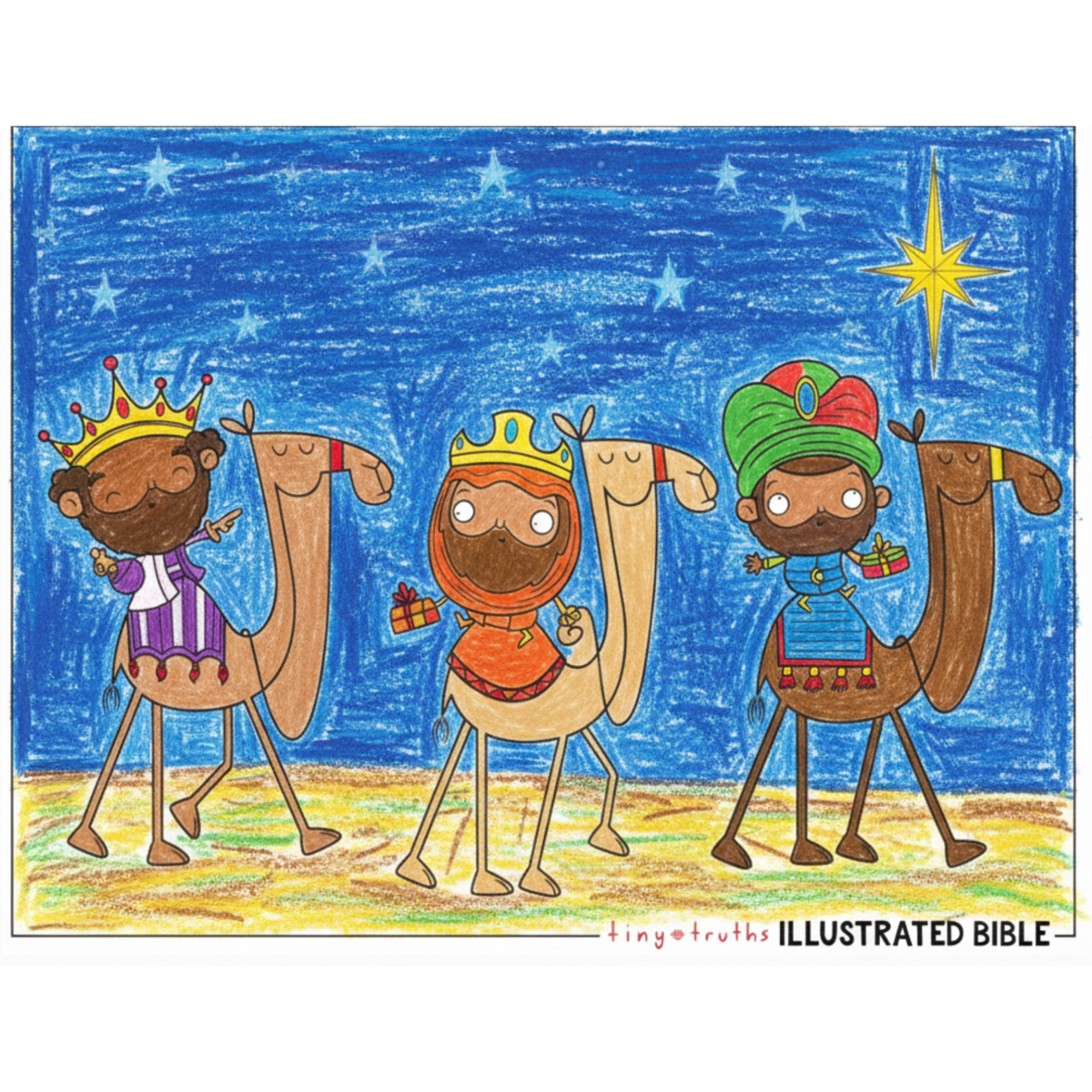 Fully colored Christmas story coloring page featuring the three Wise Men riding camels beneath a bright star in a night sky. The illustration shows colorful robes, crowns, gifts, and a desert landscape, demonstrating a completed version of the Tiny Truths Illustrated Bible artwork. Christian Christmas coloring activity for children, ideal for Sunday school, homeschool lessons, church programs, and holiday crafts by CTA Christ to All and CTAKids.