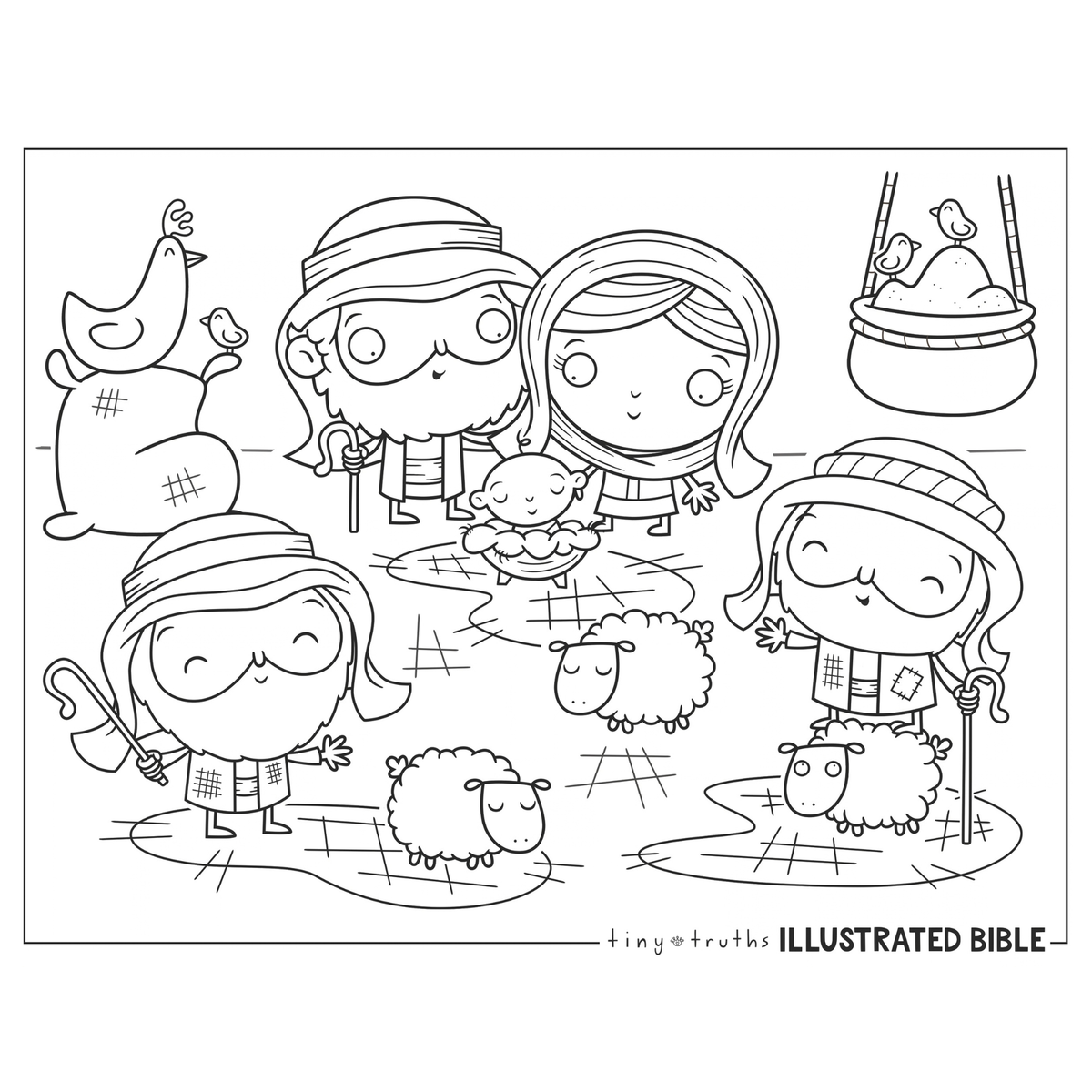 Black-and-white nativity-themed coloring page featuring cartoon-style illustrations of baby Jesus in a manger, Mary and Joseph, three shepherds with staffs, several sheep, a hen with a chick, and a hanging basket with birds. Designed for children to color, this printable Christian activity page is suitable for Sunday school, church Christmas programs, vacation Bible school, homeschool lessons, and faith-based holiday crafts by CTA Christ to All and CTAKids.