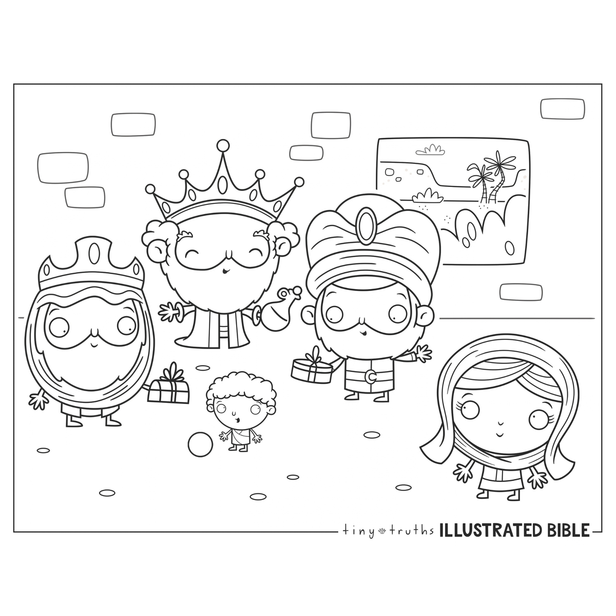 Black-and-white Bible coloring page featuring the Wise Men presenting gifts to baby Jesus and Mary. The illustration includes three crowned visitors carrying gift boxes and a sack, with Mary and baby Jesus standing nearby in a simple indoor setting. Designed for children to color, this printable Christian activity page is ideal for Sunday school, homeschool lessons, church Christmas programs, Epiphany celebrations, vacation Bible school, and faith-based holiday crafts focused on the visit of the Magi.