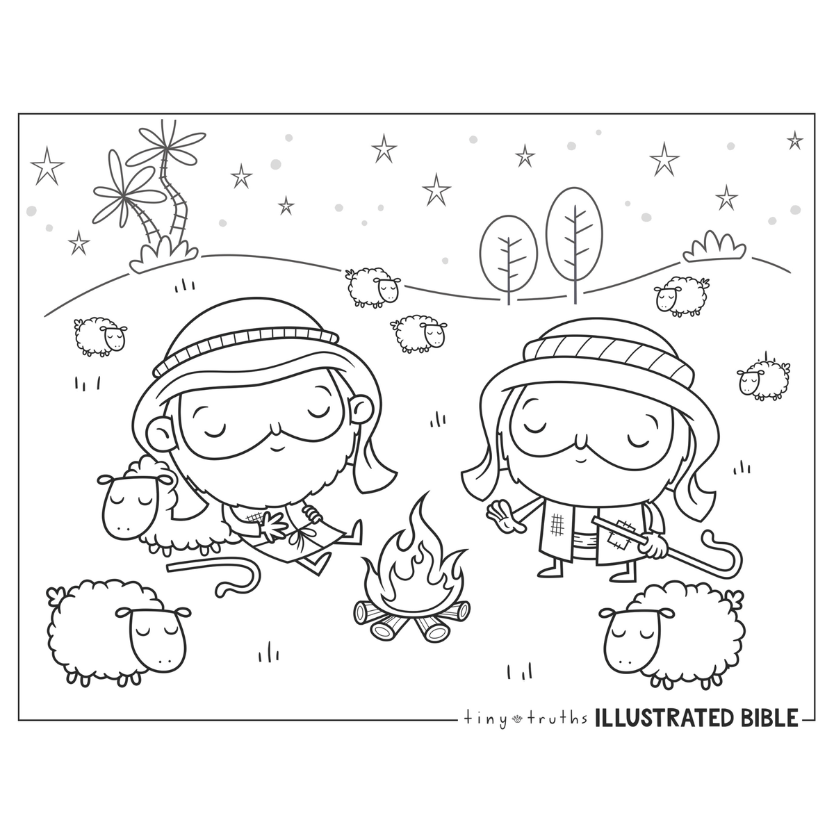 Black-and-white Christian coloring page featuring two shepherds watching over sheep gathered around a campfire beneath a star-filled night sky. The scene includes rolling hills, trees, and several sheep throughout the landscape. For children to color, this printable Bible activity is ideal for Sunday school lessons, church Christmas programs, homeschool activities, vacation Bible school, and faith-based holiday crafts focused on the Christmas story and the shepherds of Bethlehem by CTA Christ to All.