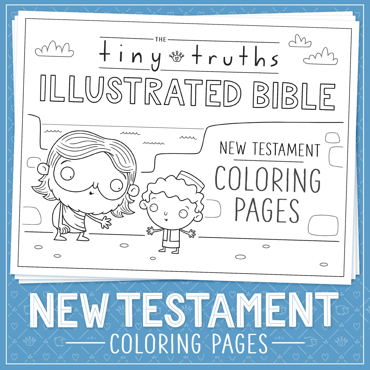 Illustrated Bible New Testament Coloring Pages with two children on a blue background