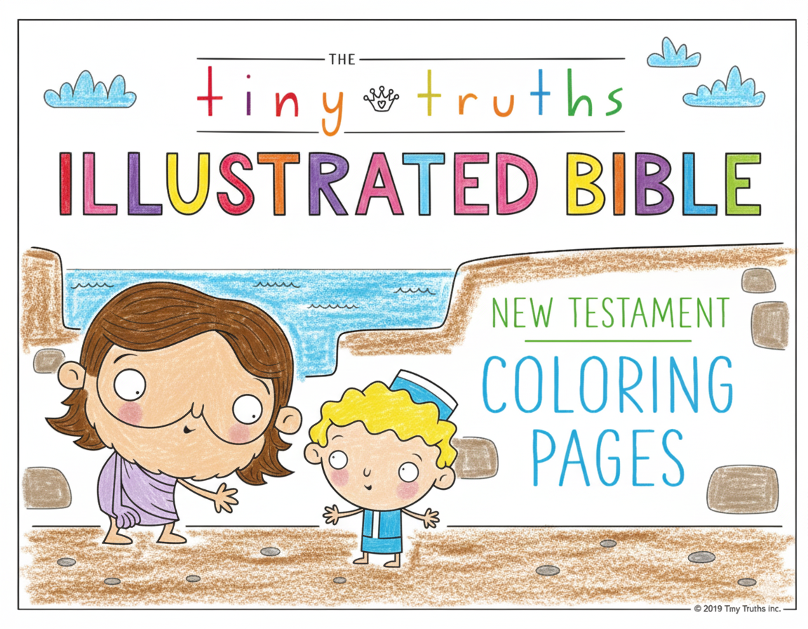 Cover of 'The Tiny Truths Illustrated Bible' with two children by a lake, promoting New Testament coloring pages.