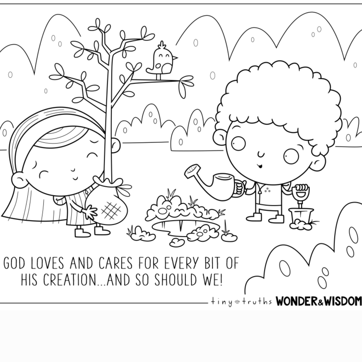 Black and white illustration of two children gardening with a tree and bird, featuring a motivational quote.