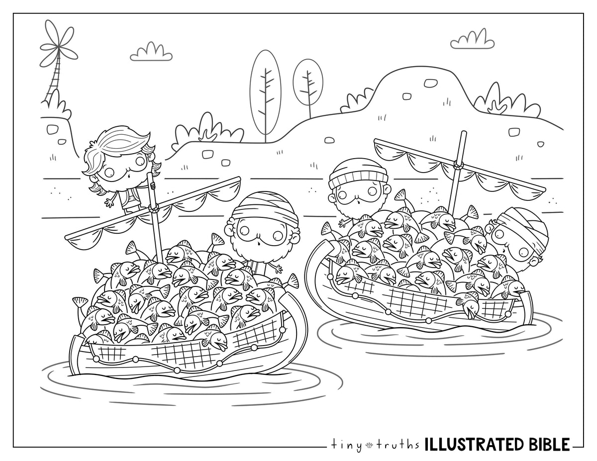 Coloring page with two children in boats filled with fish, surrounded by a beach scene.