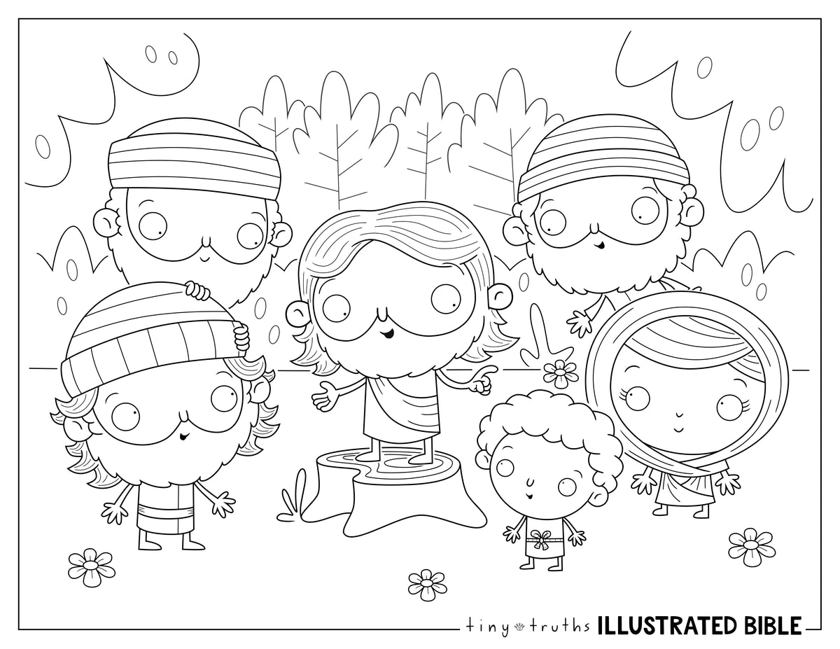 Coloring page with cartoon characters and 'Illustrated Bible' branding.