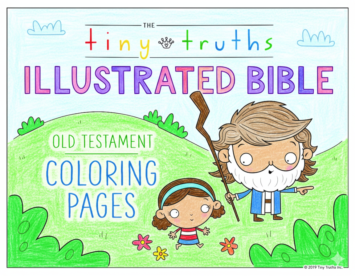 Cover of 'The Tiny Truths Illustrated Bible Old Testament Coloring Pages' with cartoon characters on a green background.