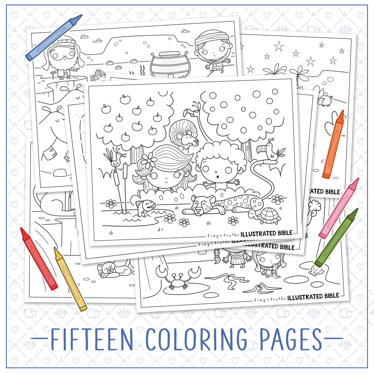 Coloring book pages with illustrations and coloring tools on a light blue background