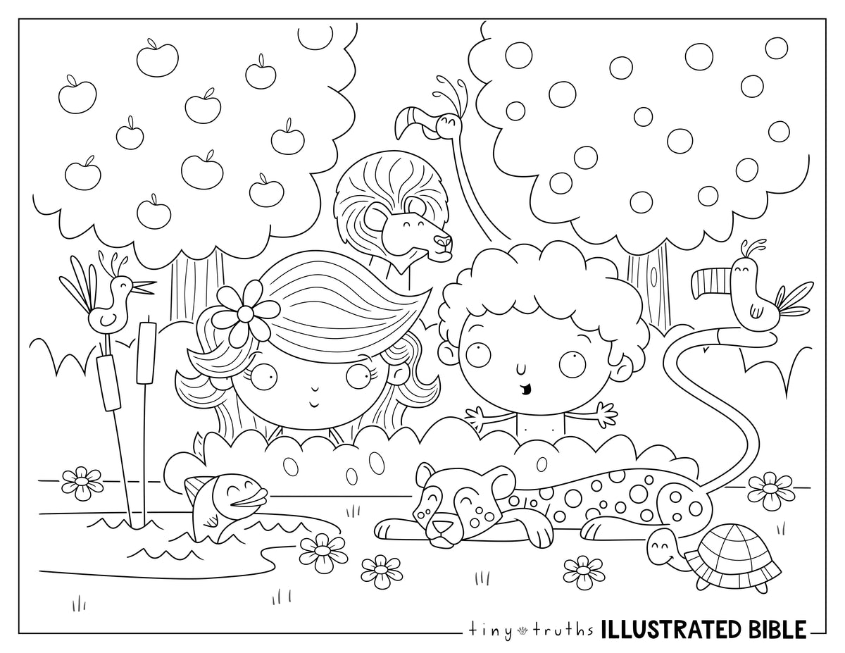 Coloring page with animals and a lion in a garden setting, featuring the text 'lingo-truths Illustrated Bible'.