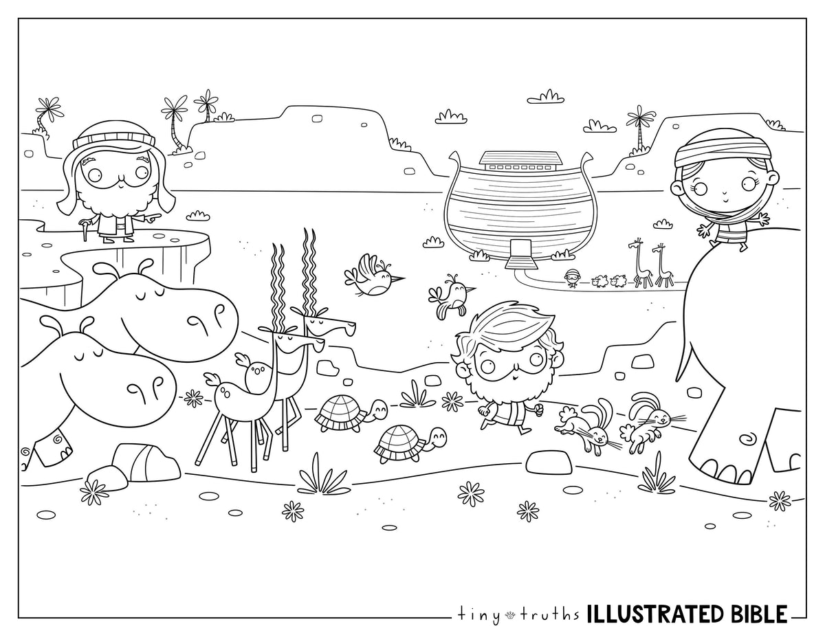 Black and white illustration of Noah's Ark and characters with 'tiny truth' branding.