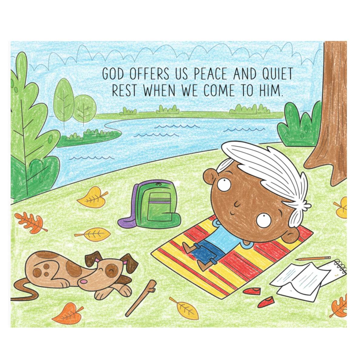 Illustration of a person and dog sitting on a blanket by a lake with a quote about peace and quiet.