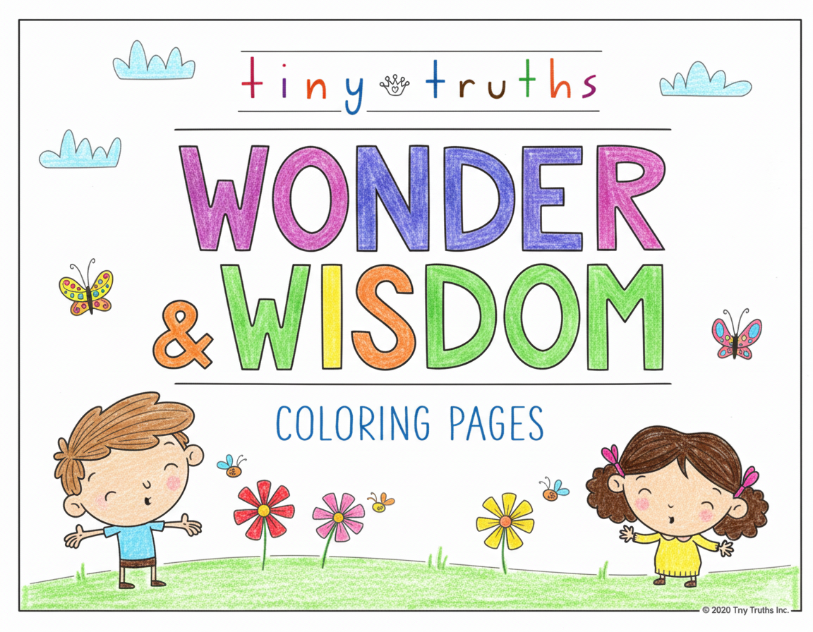 Colorful cover of 'Wonder & Wisdom Coloring Pages' with children illustrations and butterflies.
