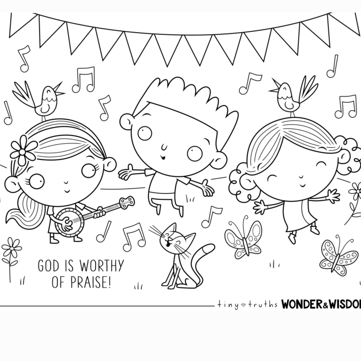 Coloring page with children and animals singing, featuring musical notes and 'God is Worthy of Praise!' text.
