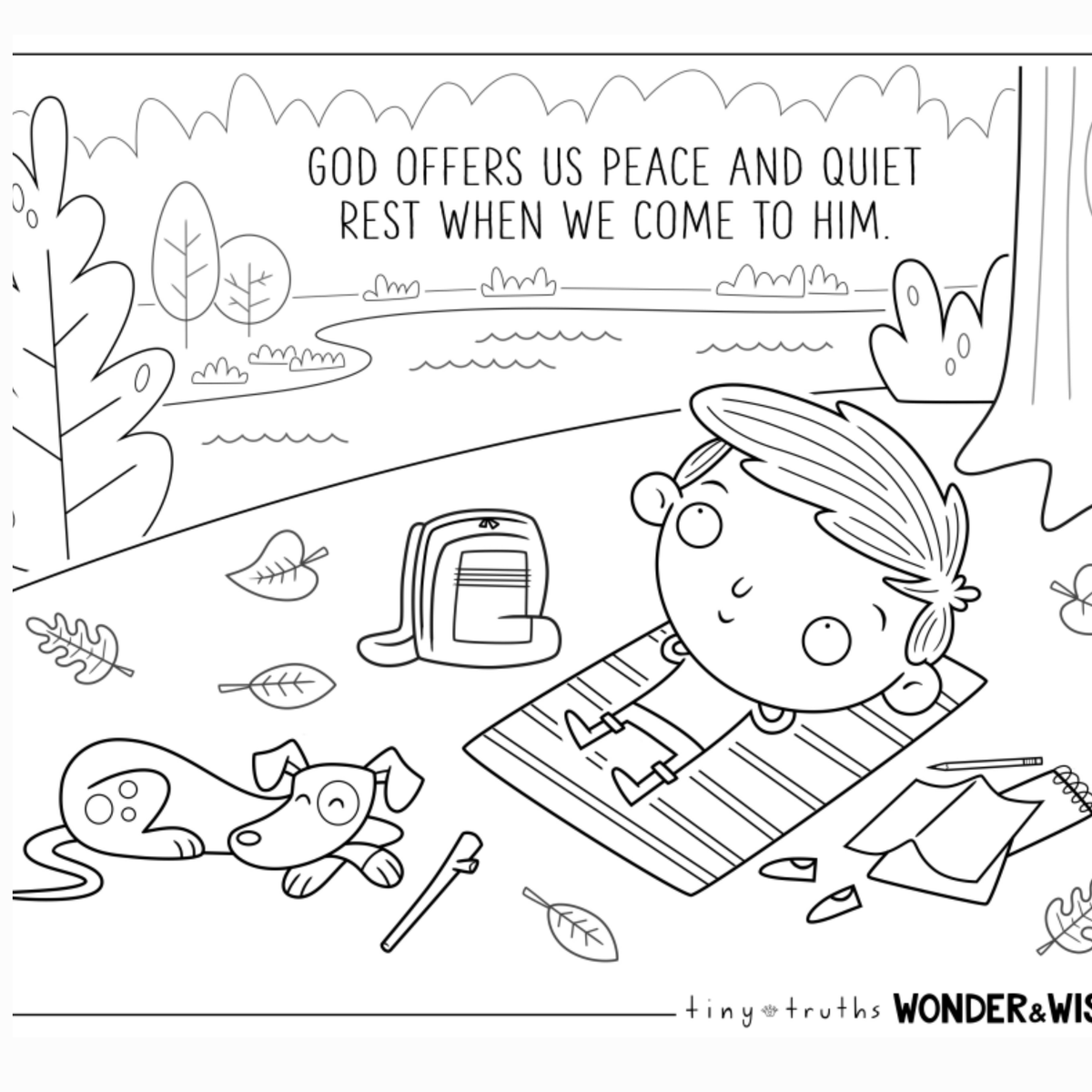 Coloring page with a child reading a book by a lake, featuring text about God offering peace and quiet rest.
