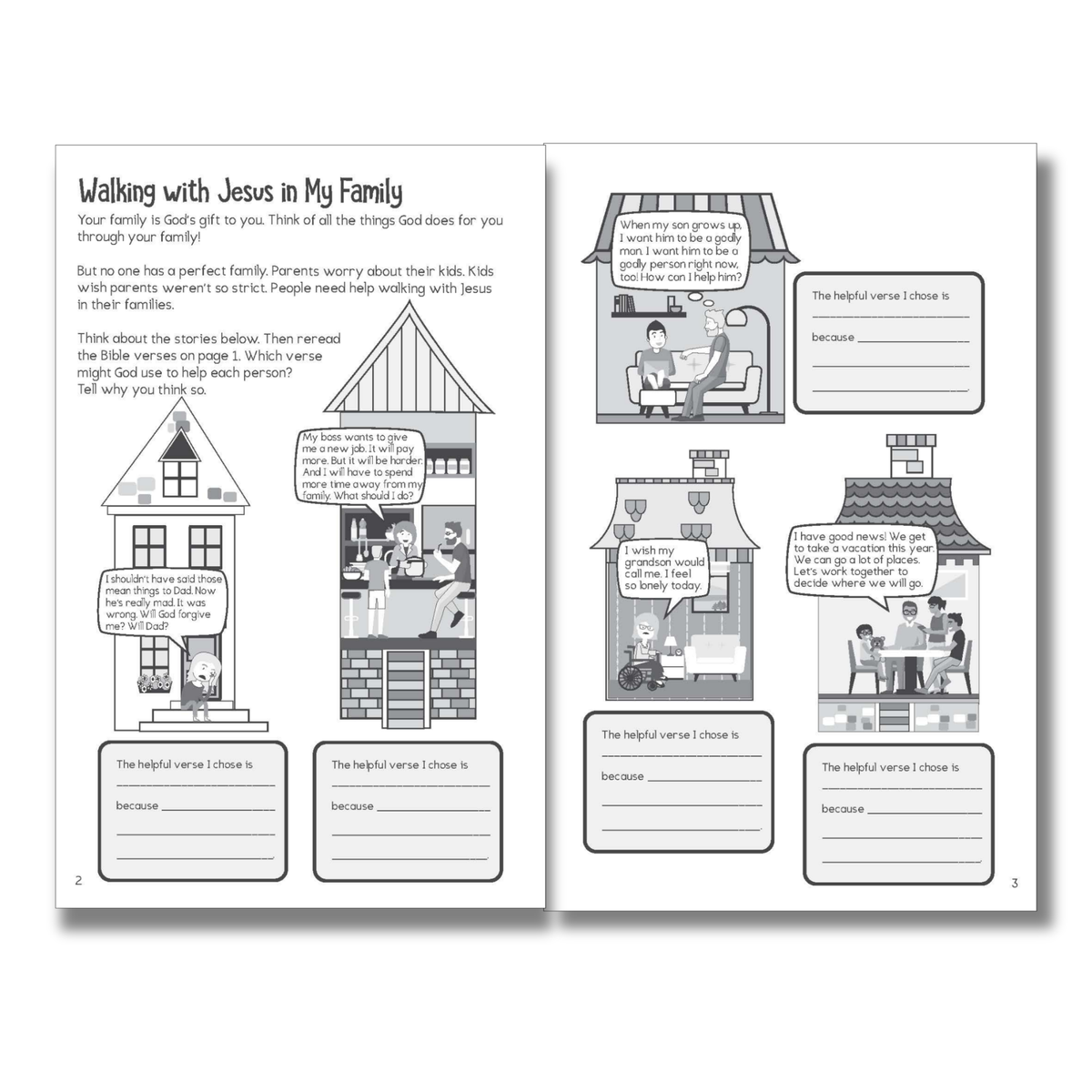 Educational book page with illustrations and text on family dynamics and God's guidance by CTA Christ to All & CTAKids.