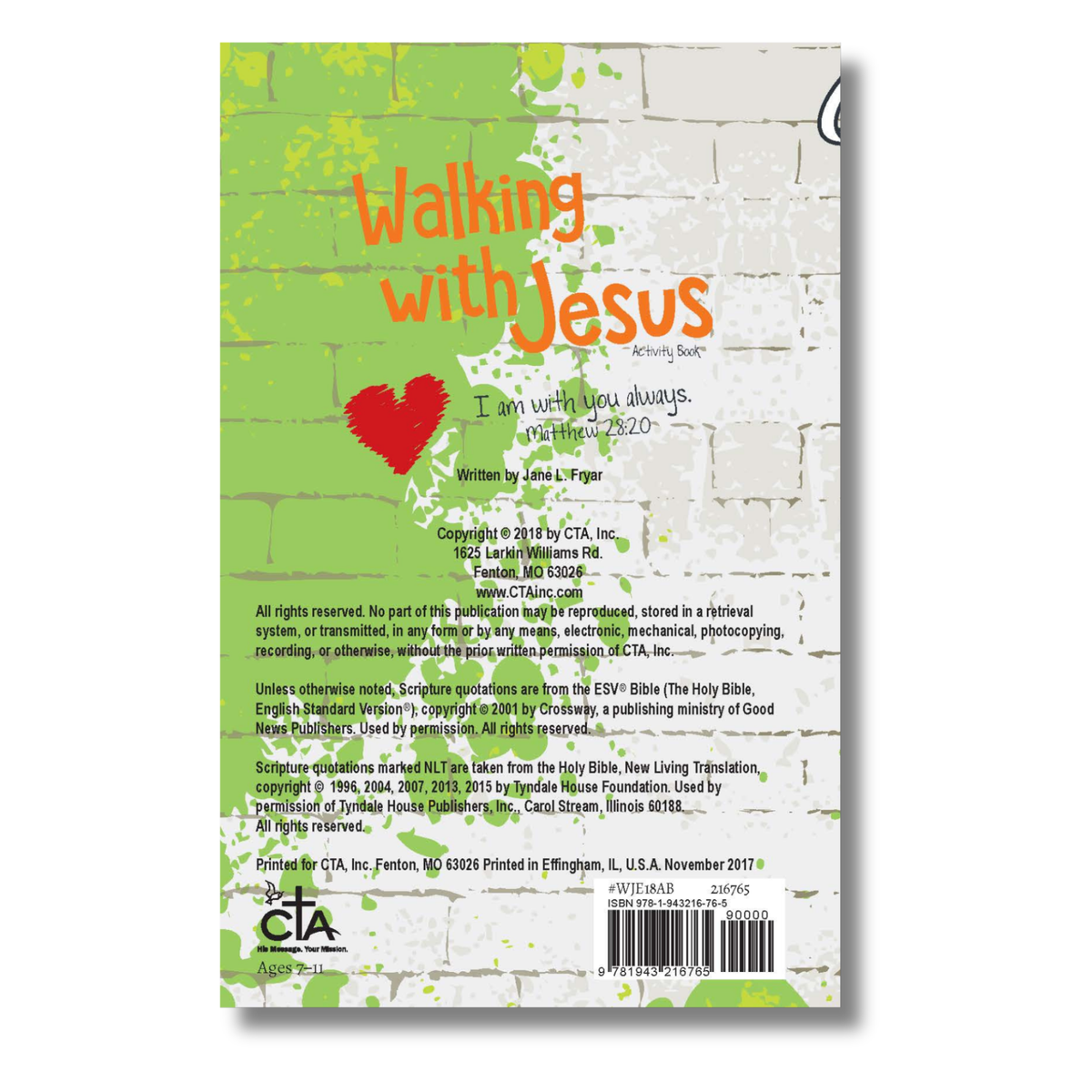 Book cover with 'Walking with Jesus' text and a heart design on a green and white background by CTA Christ to All & CTAKids.