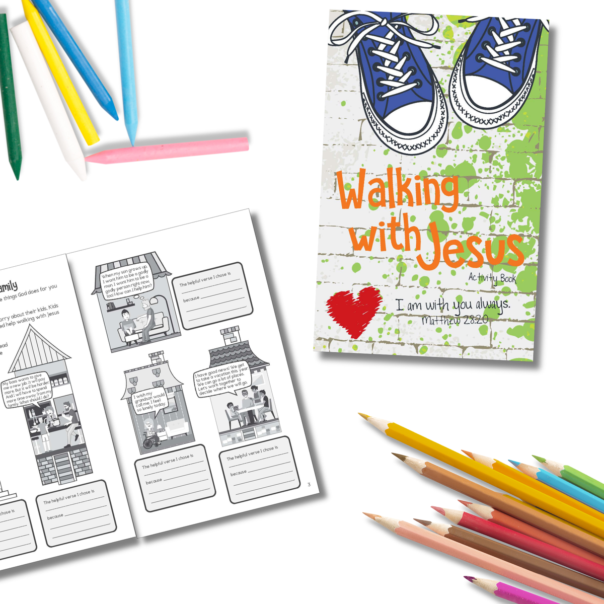 Coloring book titled 'Walking with Jesus' with coloring pages and pencils on a white background by CTA Christ to All & CTAKids.