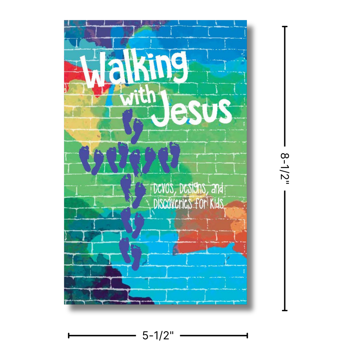Colorful book cover with 'Walking with Jesus' text and dimensions on a white background by CTA Christ to All & CTAKids.