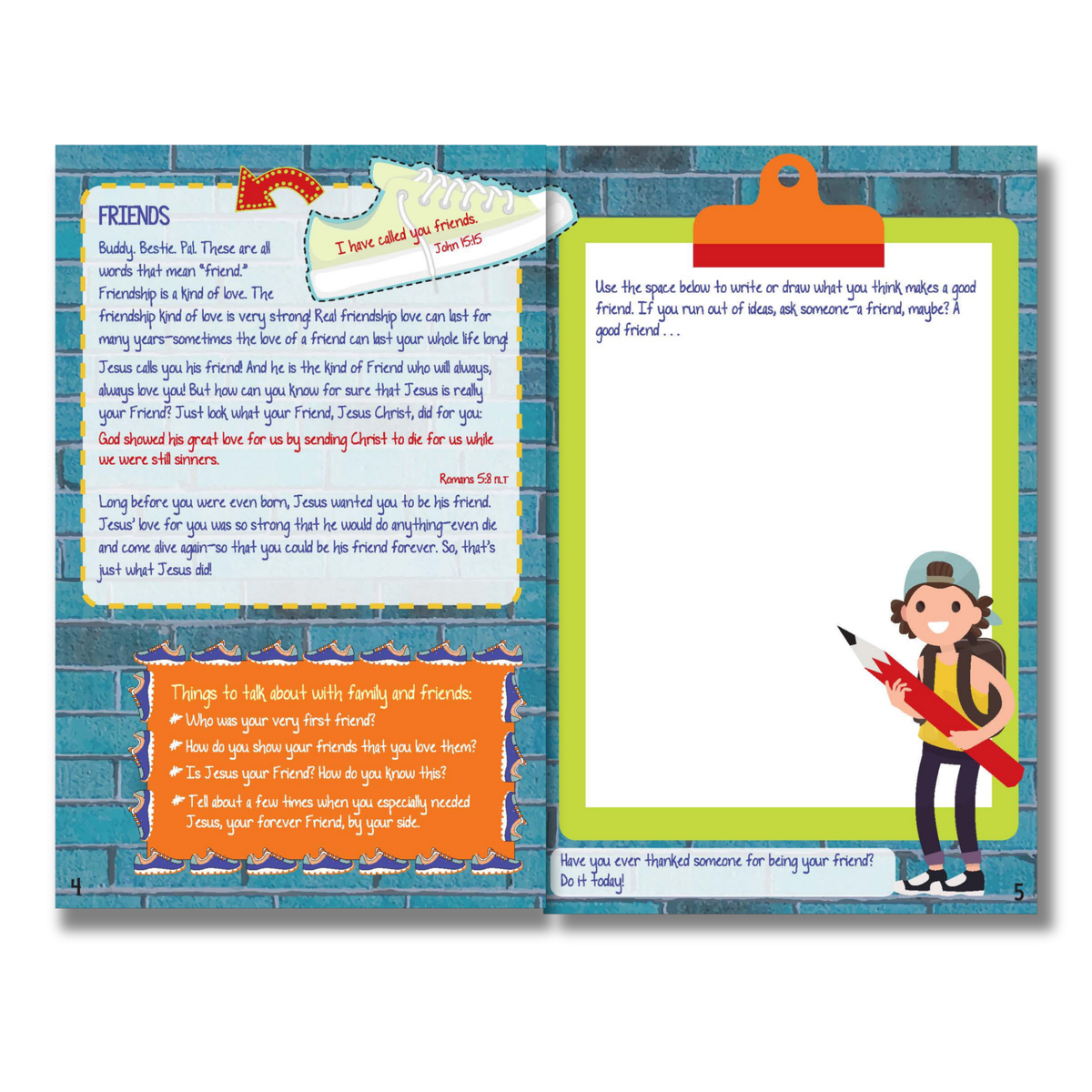 Educational children's book page with a character and text on a blue brick background by CTA Christ to All & CTAKids.