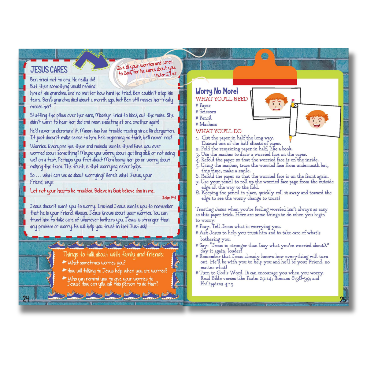 Educational book page with activities and illustrations on a blue background by CTA Christ to All & CTAKids.