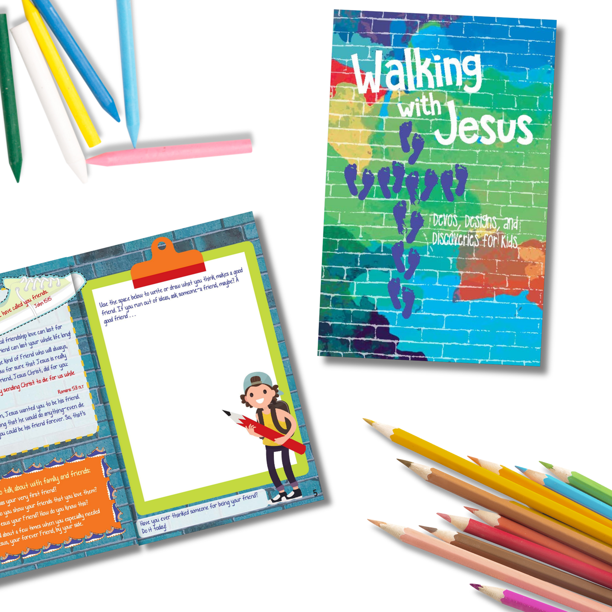 Colorful children's book titled 'Walking with Jesus' with coloring pencils on a white background by CTA Christ to All & CTAKids.