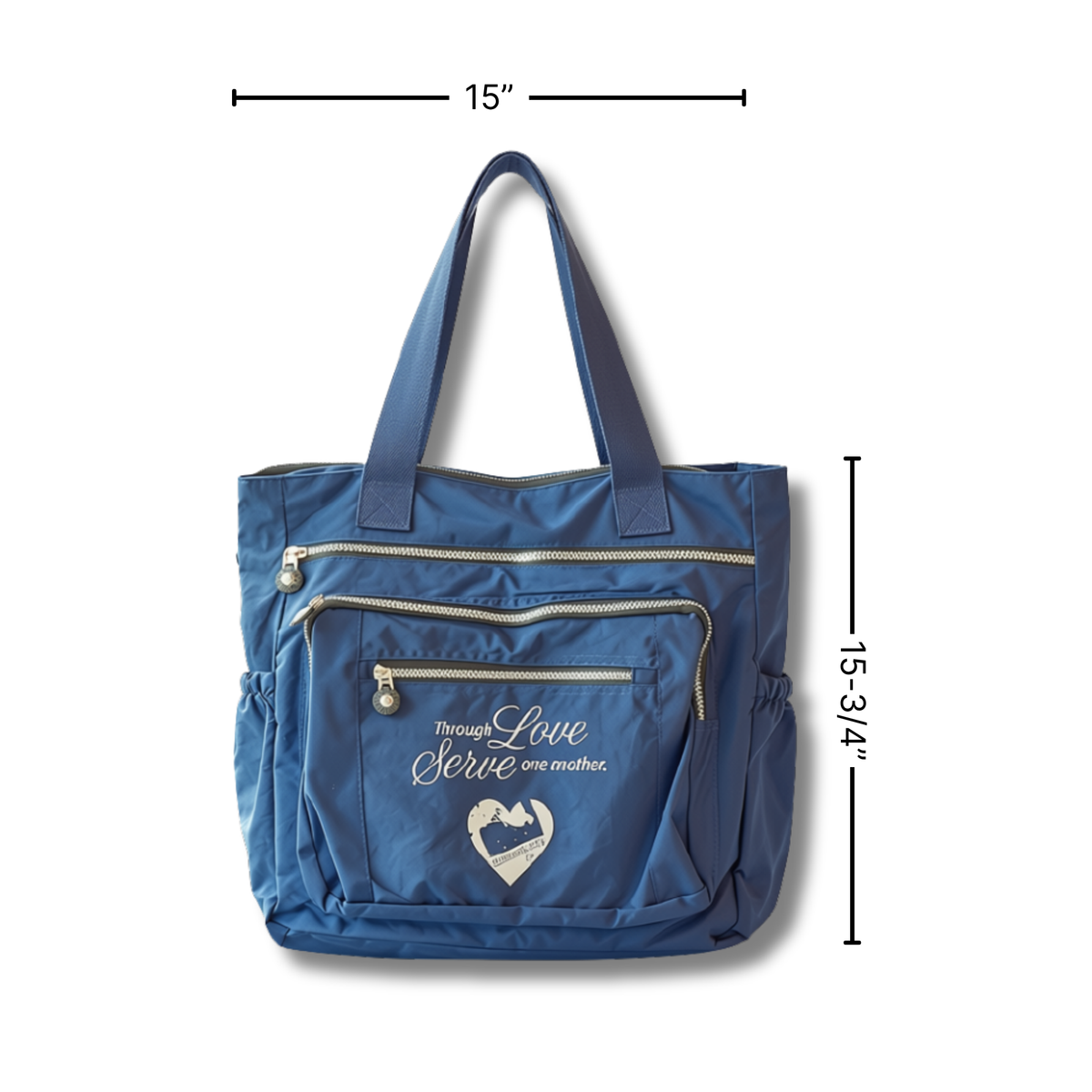 A blue tote bag with dual shoulder straps, multiple zippered pockets, and a front embroidered design reading 'through Love Serve one mother' with a heart motif. Black dimension lines indicate a width of 15" and a height of 15-3/4" on a white background by CTA Christ to All and CTA Gifts.