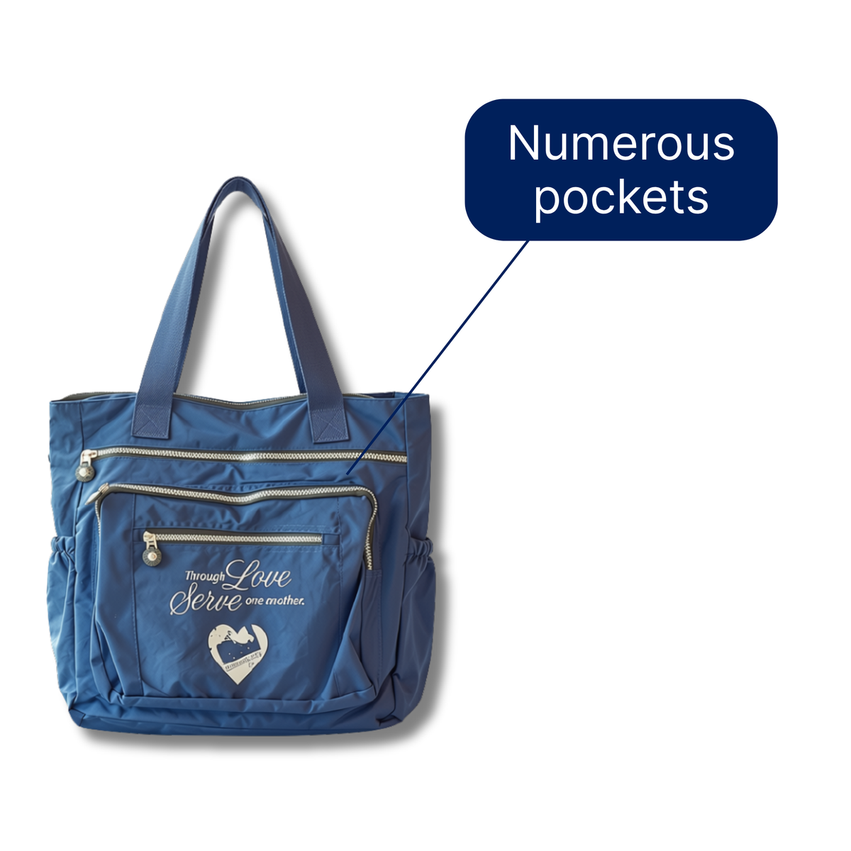 A blue diaper bag with multiple zippered pockets and side mesh pockets, featuring a white script logo that reads 'through Love Serve our mothers' with a heart-shaped mother icon. A dark blue callout bubble says 'Numerous pockets' with an arrow pointing to the bag by CTA Christ to All and CTA Gifts.