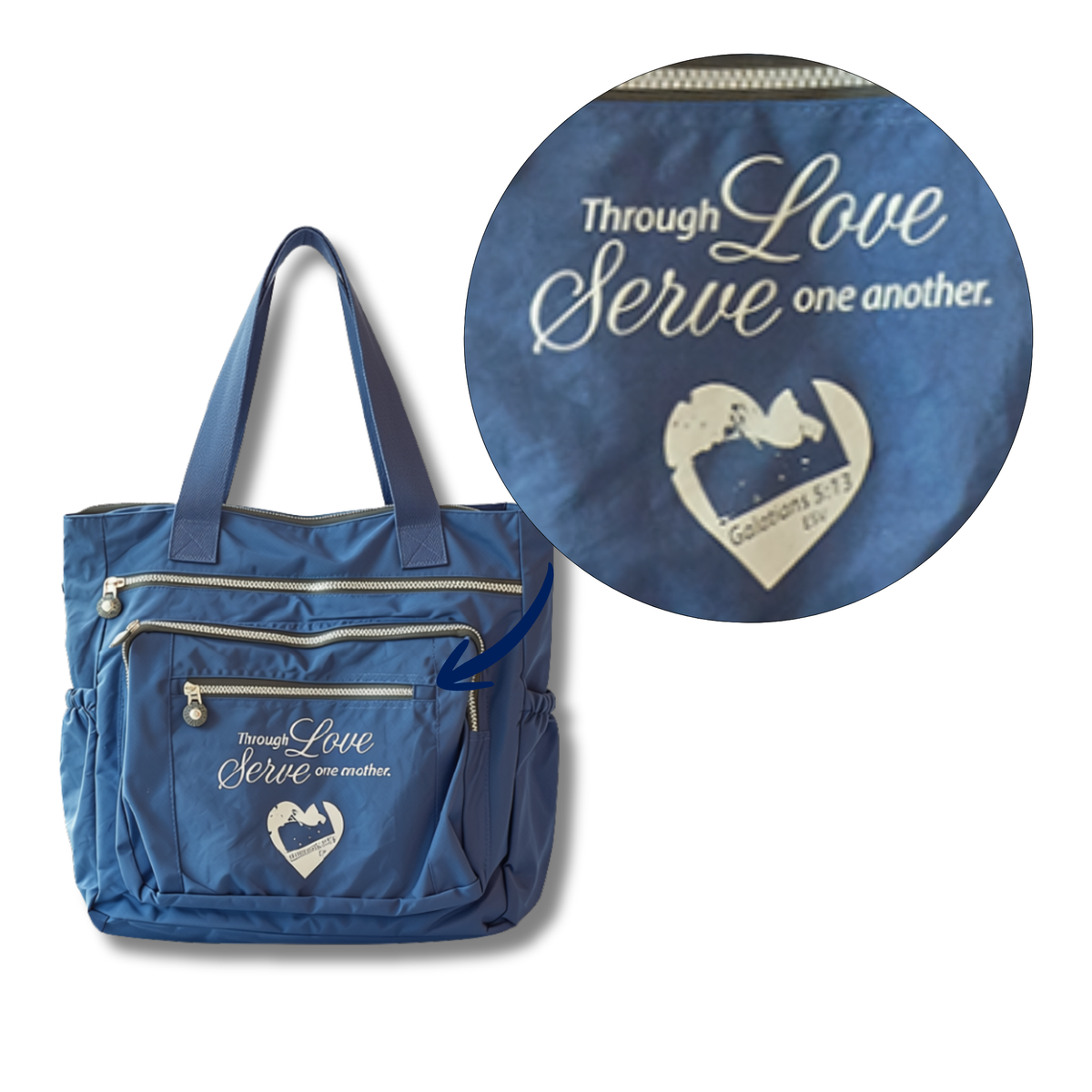 A blue fabric tote bag with dual top handles, multiple zippered pockets, and a white printed heart-and-script design on the front pocket. A circular inset at the top right shows a close-up of the printed text reading 'Through Love Serve one another by CTA Christ to All and CTA Gifts.