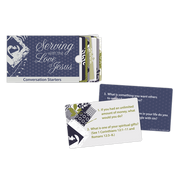 A set of conversation starter cards designed for women's ministry leadership, with cards displayed showing questions and responses, and a holder for the cards by CTA Christ to All and CTA Gifts.