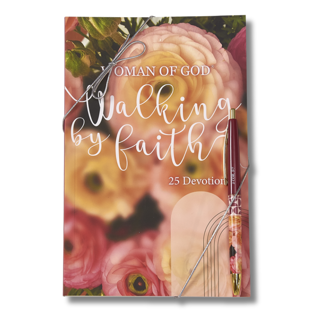 A devotional notebook titled 'Walking by faith' with '25 Devotions' written on the cover, decorated with a floral print of pink and yellow roses, a silver string, and a matching floral pen by CTA Christ to All & CTA Gifts.