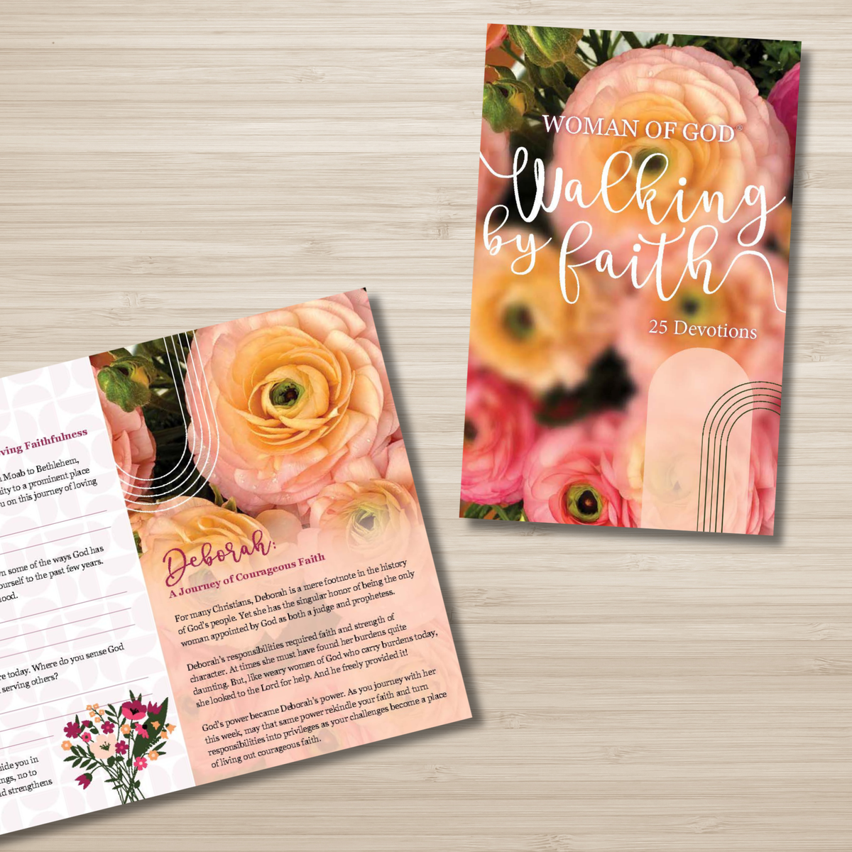 A devotional booklet titled 'Woman of God Walking by Faith' with floral cover art, shown alongside an open interior spread on a light wood background by CTA Christ to All & CTA Gifts.