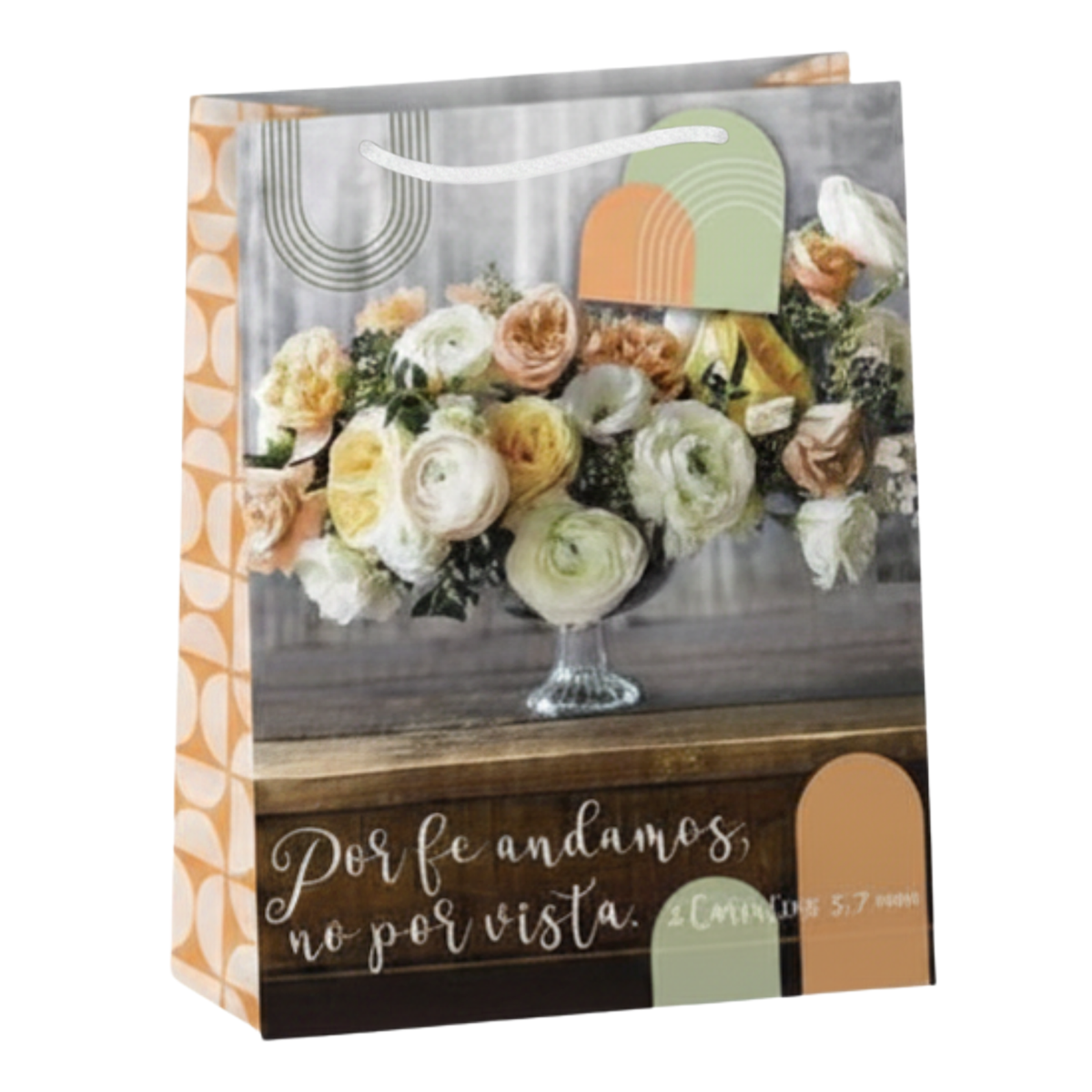 A decorative gift bag with a floral photo print, Spanish text reading 'Por fe andamos, no por vista. Gálatas 3:22', and abstract color blocks in peach, sage green, and brown on a white background by CTA Christ to All and CTA Gifts.