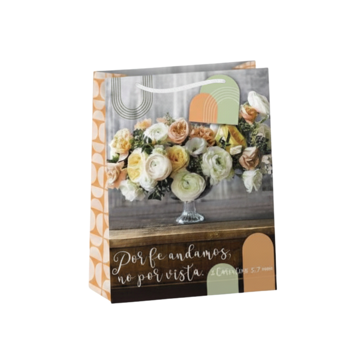 A decorative gift bag with a floral photo print, Spanish text reading 'Por fe andamos, no por vista. Gálatas 3:22', and abstract color blocks in peach, sage green, and brown on a white background by CTA Christ to All & CTA Gifts.