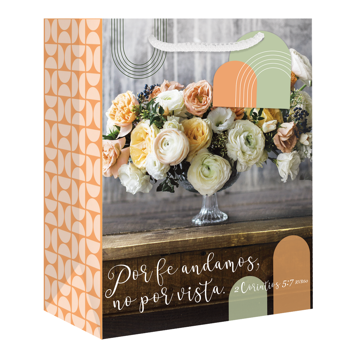 A decorative gift bag with a floral photo of a bouquet on the front, a peach-and-white geometric side panel, and Portuguese text reading 'Por fe andamos, no por vista. 2 Corintios 5:14' on a dark wood-look section by CTA Christ to All & CTA Gifts.