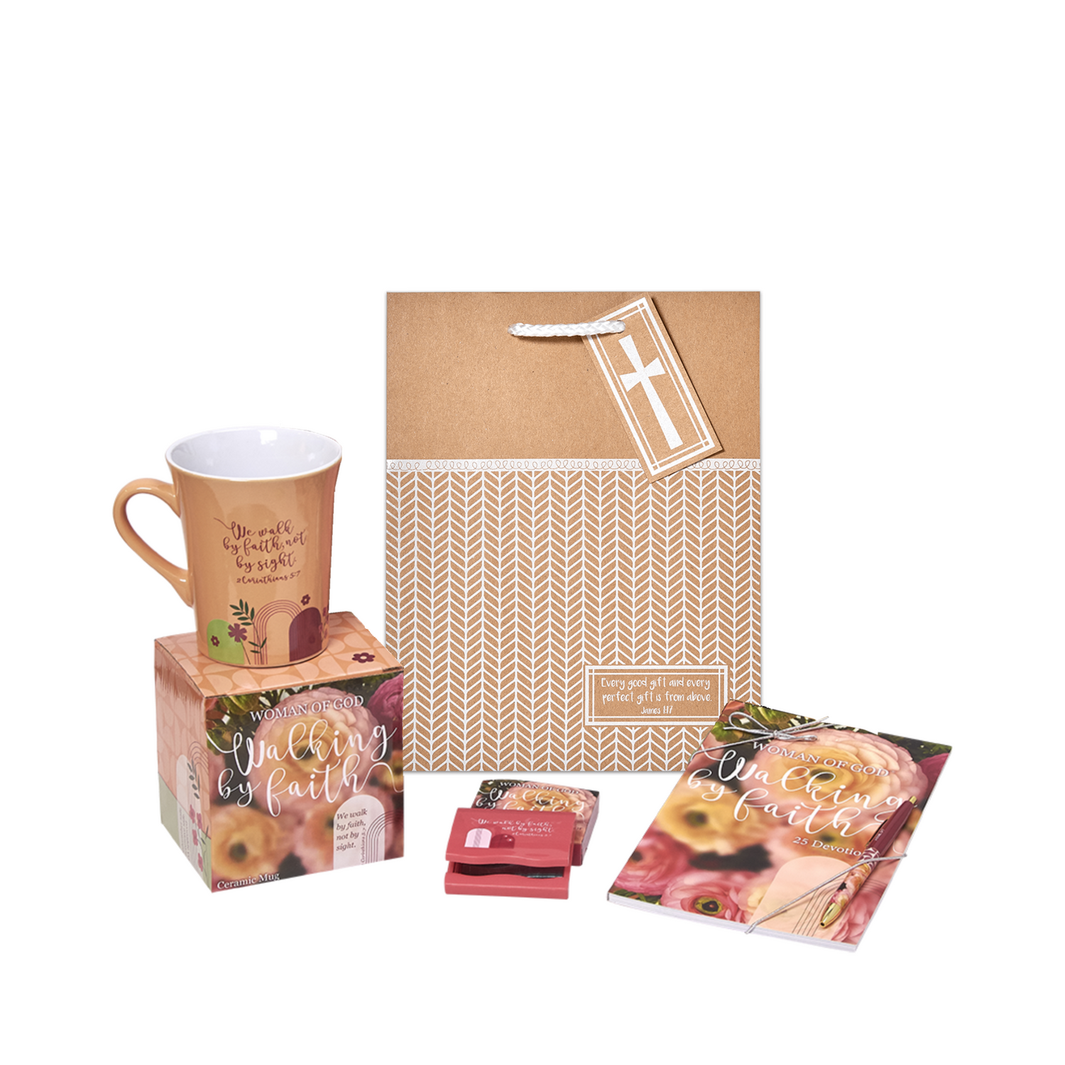 Gift set featuring a Woman of God: Walking by Faith Ceramic Mug & Gift box, Devotion book & Pen set, compact mirror in case, and gift bag