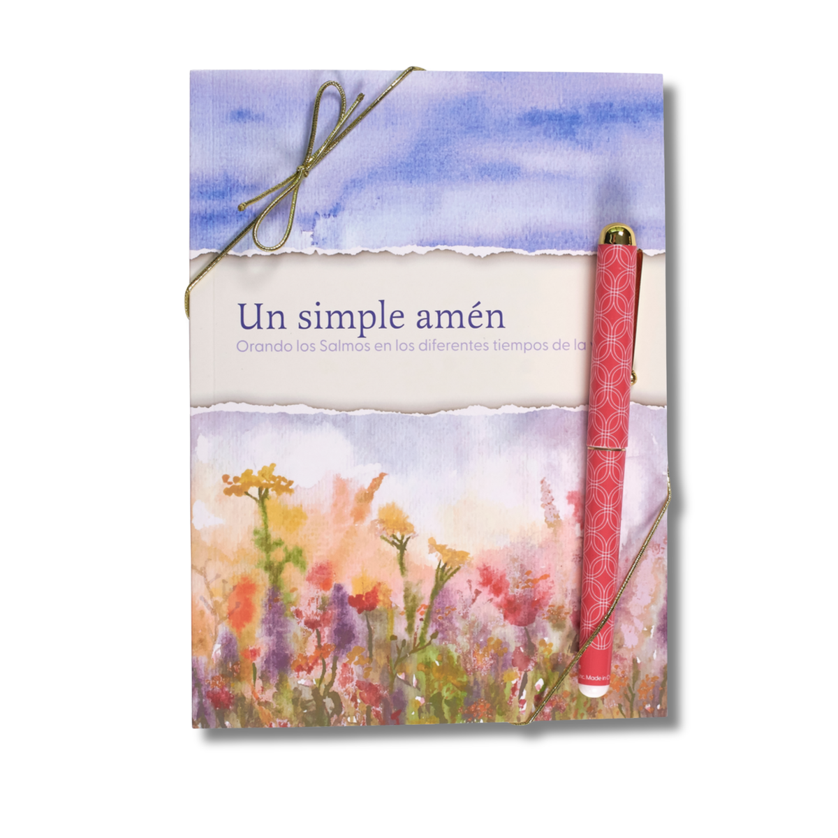 A Spanish-language book or journal titled 'Un simple amén' with a watercolor floral cover, tied with a thin string and accompanied by a red patterned pen, shown on a white background by CTA Christ to All & CTA Gifts.