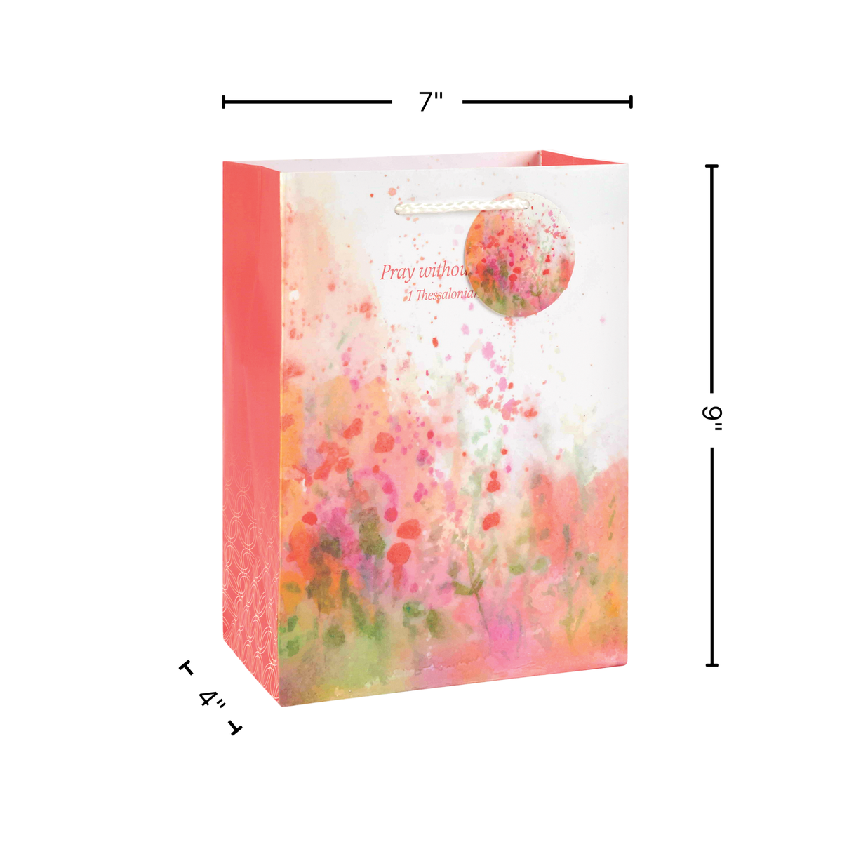 Floral-patterned gift bag with dimensions labeled on a white background by CTA Christ to All and CTA Gifts.