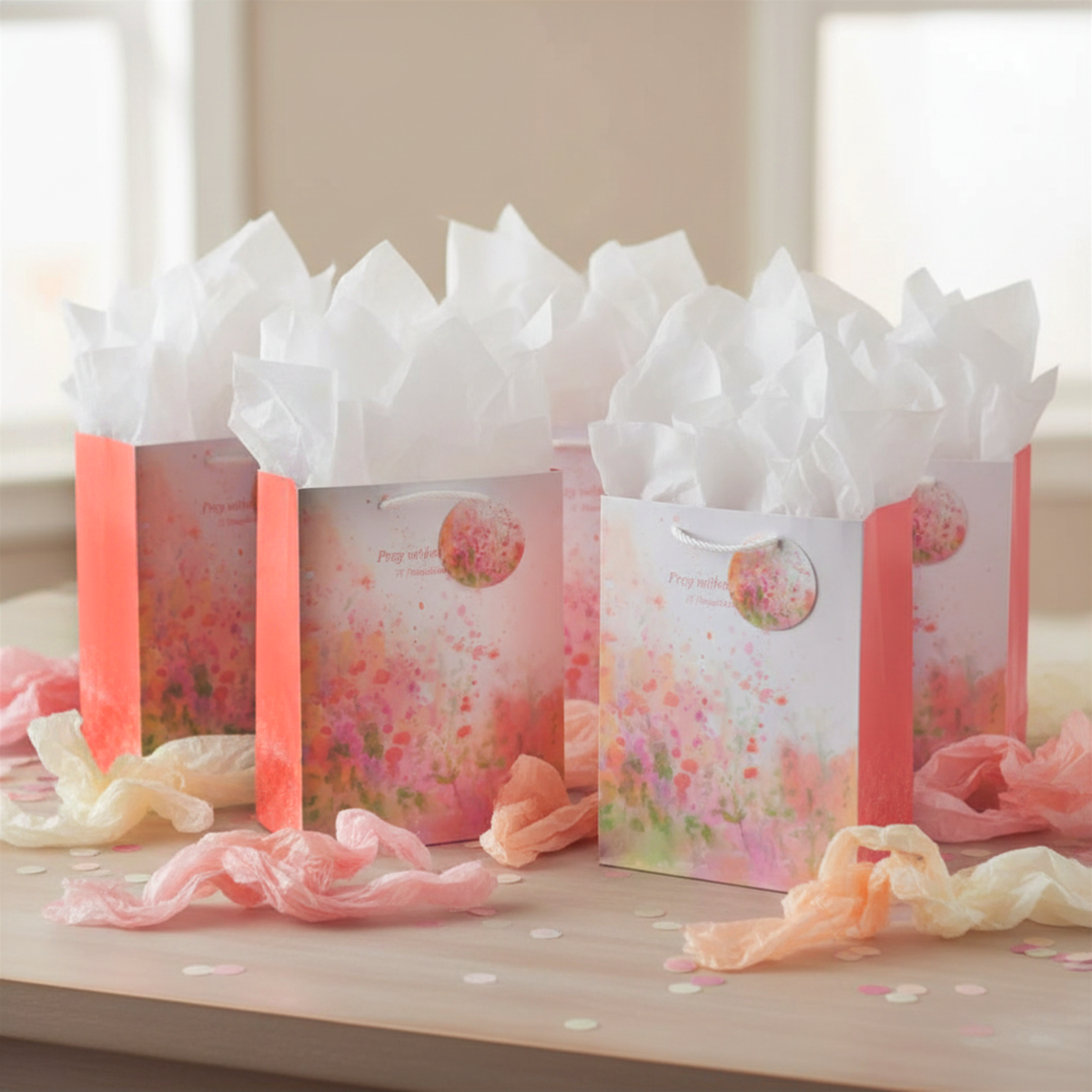Three gift bags with floral designs and white tissue paper on a light surface by CTA Christ to All and CTA Gifts.