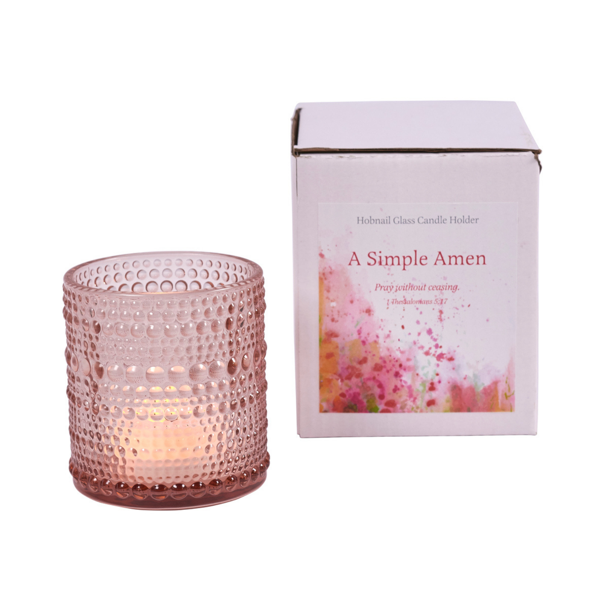 Pink glass candle holder with a matching box on a white background by CTA Christ to All & CTA Gifts.