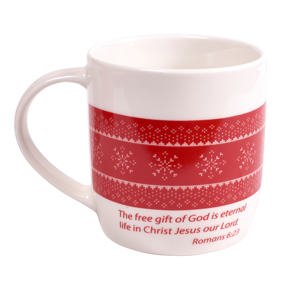 Back of Wrapped in God's Love ceramic mug with Bible verse Romans 6:23 shown