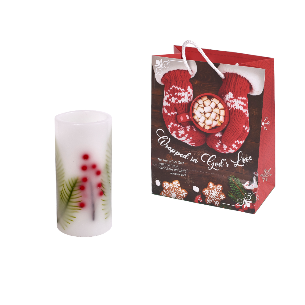 Wrapped in God's Love LED candle and gift bag with tag