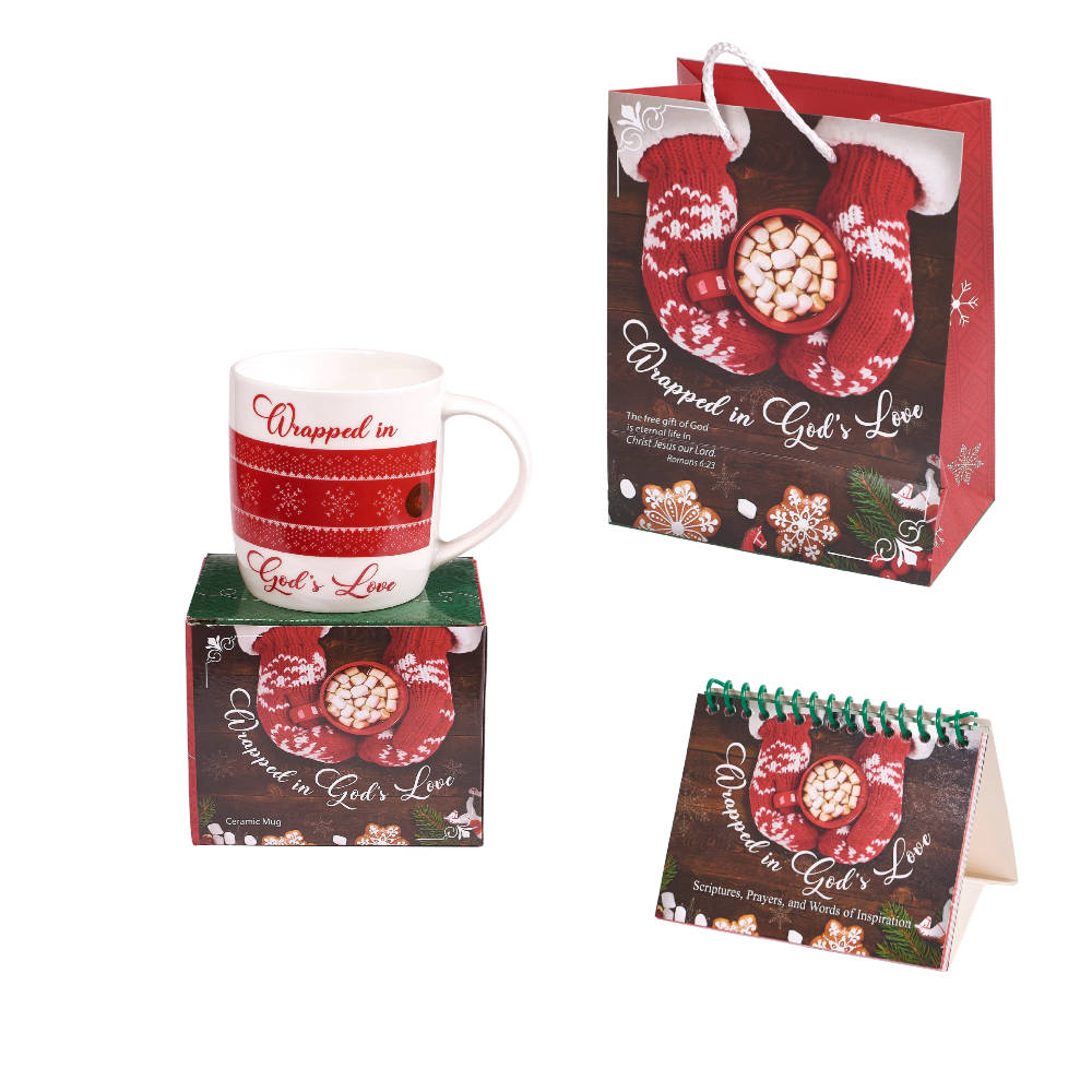 Gift set for Christian women includes ceramic mug in gift box & flip book & gift bag