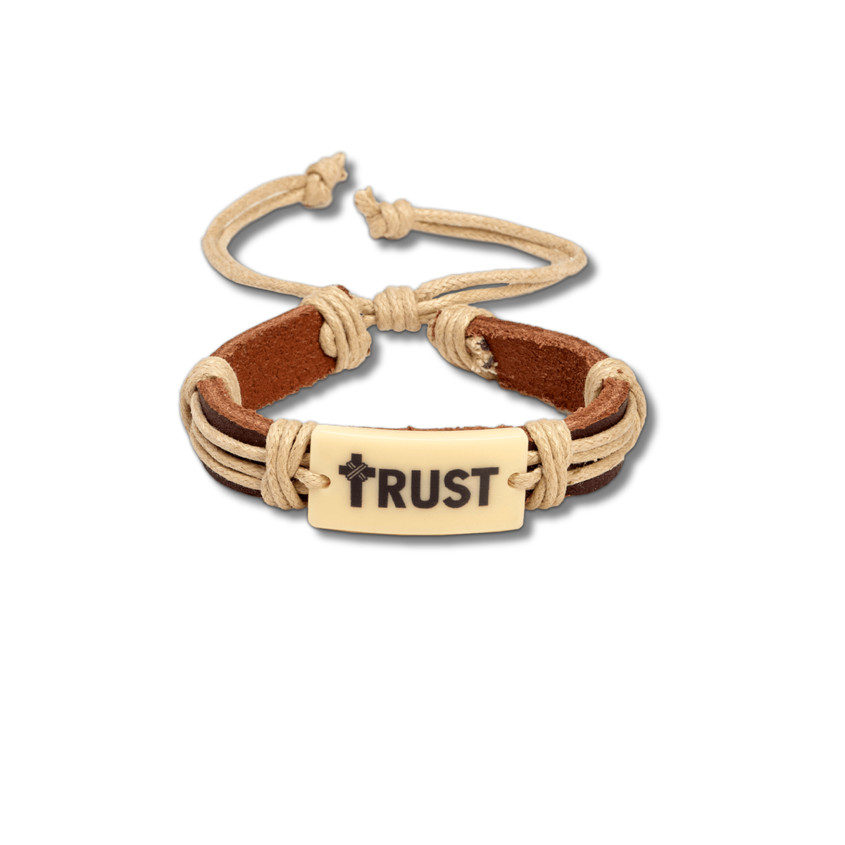 A multi-strand cord bracelet featuring brown leather wrap, beige rope, and a central cream-colored rectangular plate engraved with the word 'TRUST' and a small cross by CTA Christ to All & CTAKids.