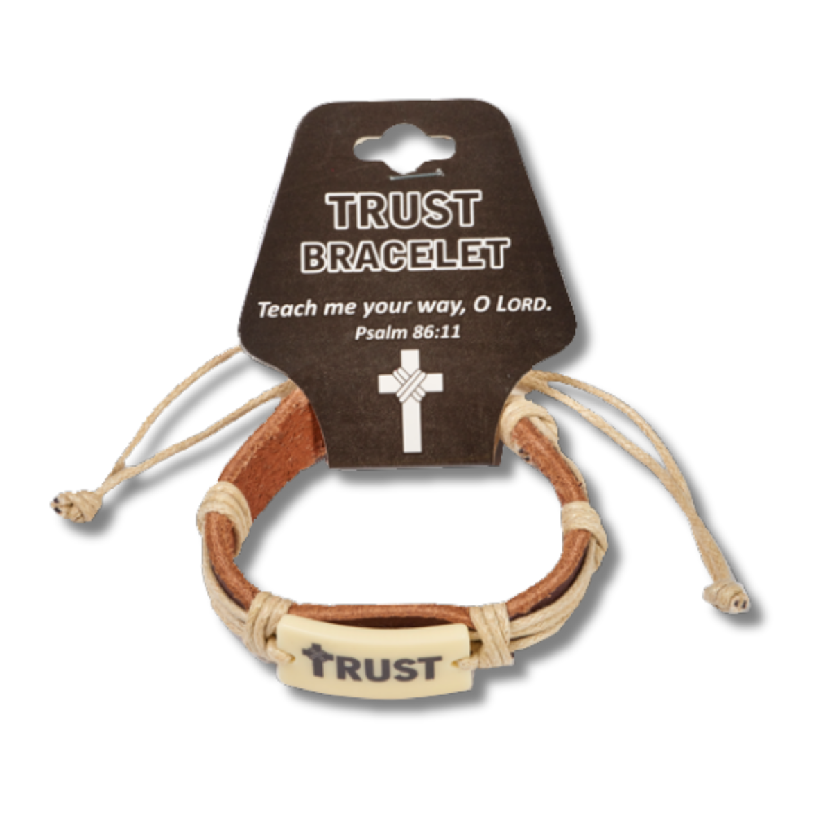 A leather and cord bracelet with a wooden TRUST plaque, attached to a brown cardboard hanger card that reads 'TRUST BRACELET' and includes a Bible verse by CTA Christ to All & CTAKids.