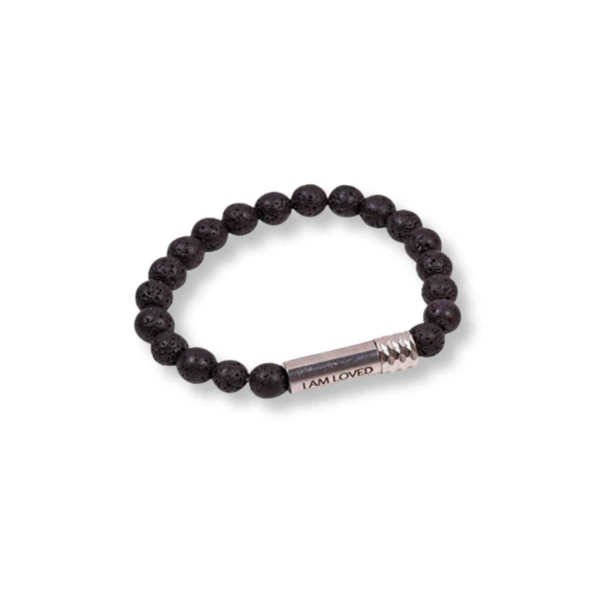 A beaded stretch bracelet made of small black lava stone beads with a polished silver-toned cylindrical clasp engraved with the words 'I AM LOVED' by CTA Christ to All & CTA Gifts.