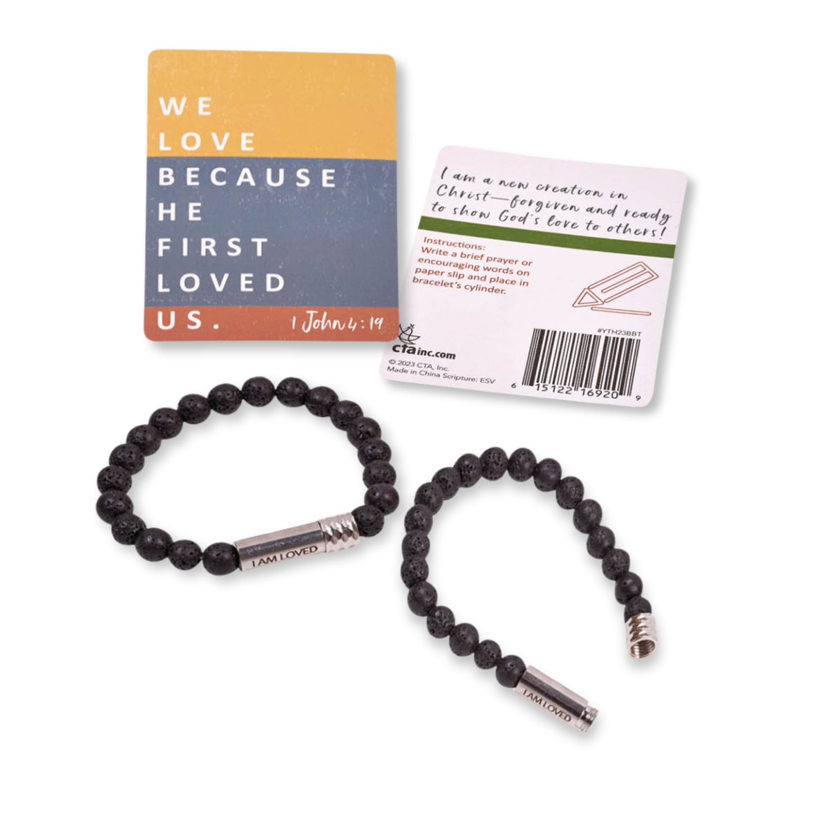 A black lava stone beaded bracelet with a silver-toned engraved 'I AM FORGIVEN' clasp, shown next to its white product card and a matching inspirational card on a white background by CTA Christ to All & CTA Gifts.