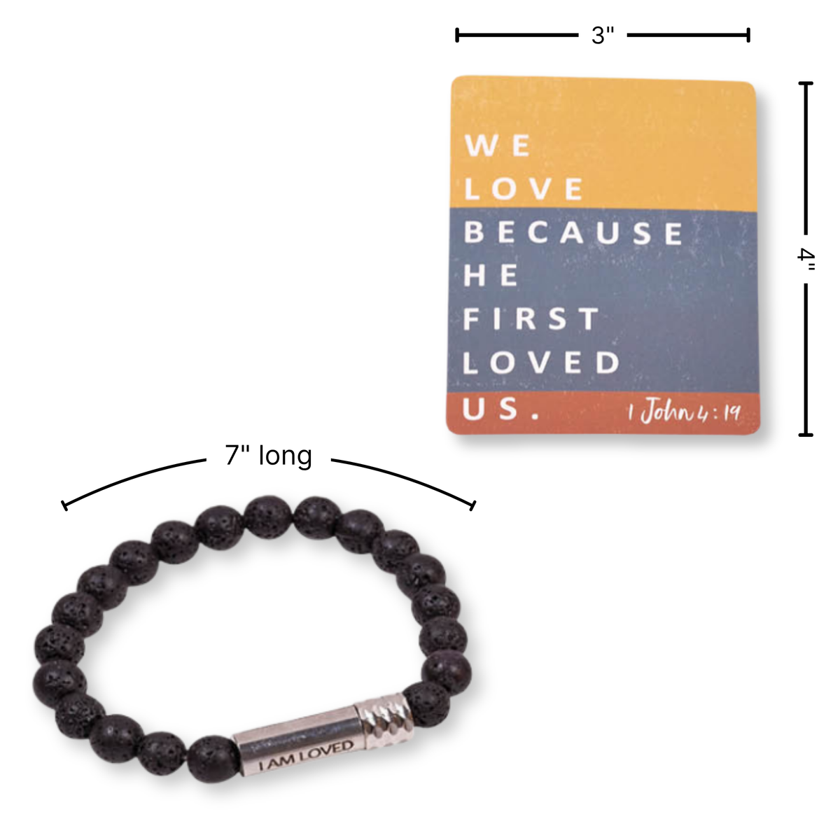 A beaded bracelet with a silver-toned cylindrical charm engraved with 'I AM LOVED.' is shown below a square printed card featuring the text 'WE LOVE BECAUSE HE FIRST LOVED US by CTA Christ to All & CTA Gifts.