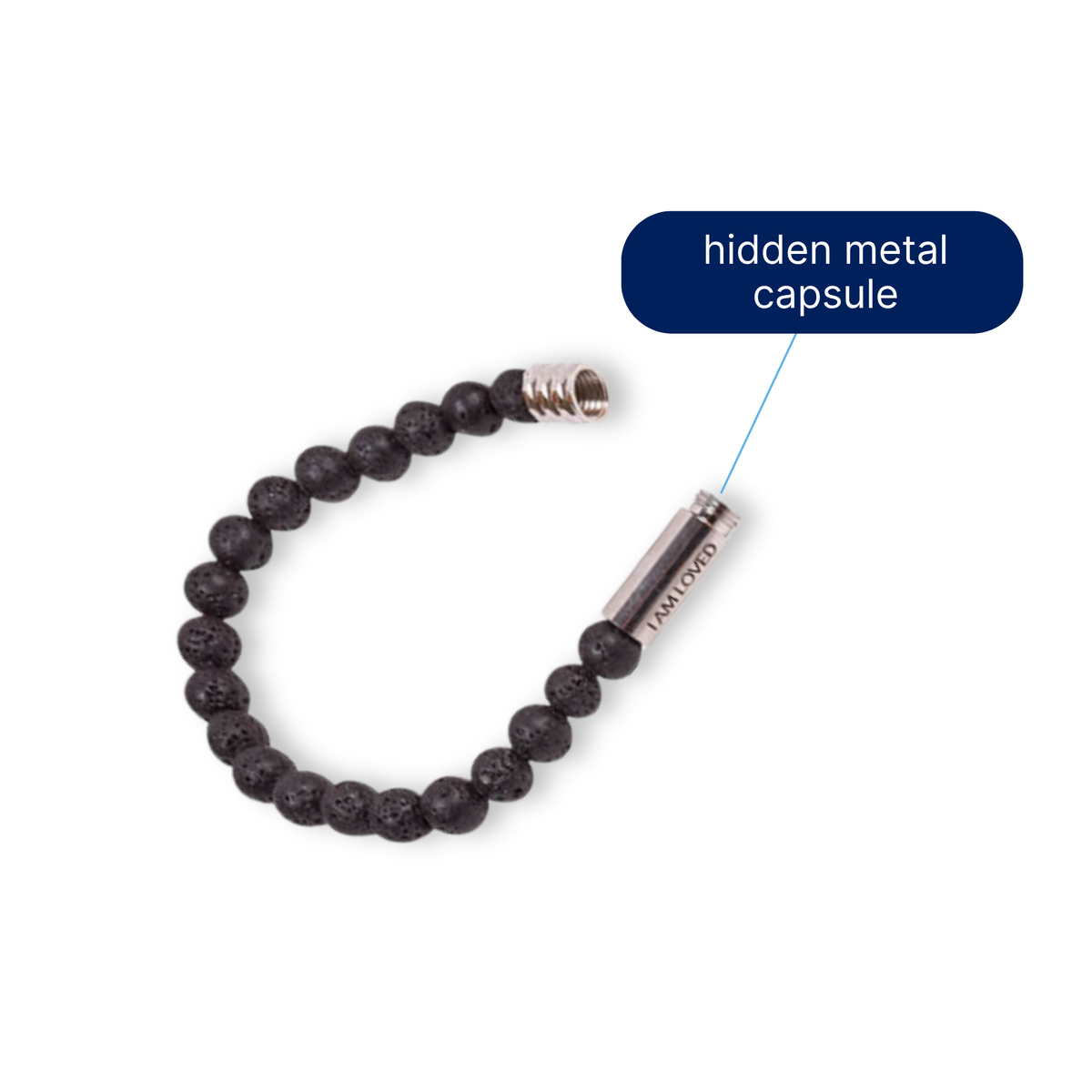 A black lava stone beaded bracelet with a silver metal capsule, shown on a white background with a blue label pointing to the capsule and reading 'hidden metal capsule' by CTA Christ to All & CTA Gifts.