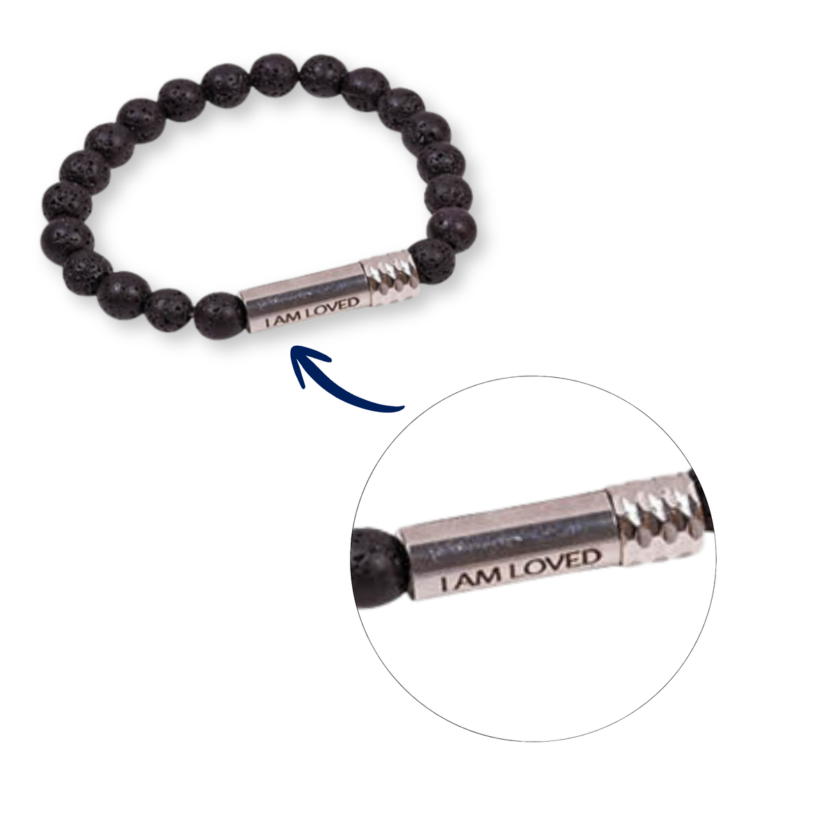 A black beaded bracelet with a silver-toned cylindrical clasp engraved with 'I AM LOVED', shown on a white background with a circular close-up inset of the clasp detail by CTA Christ to All & CTA Gifts.