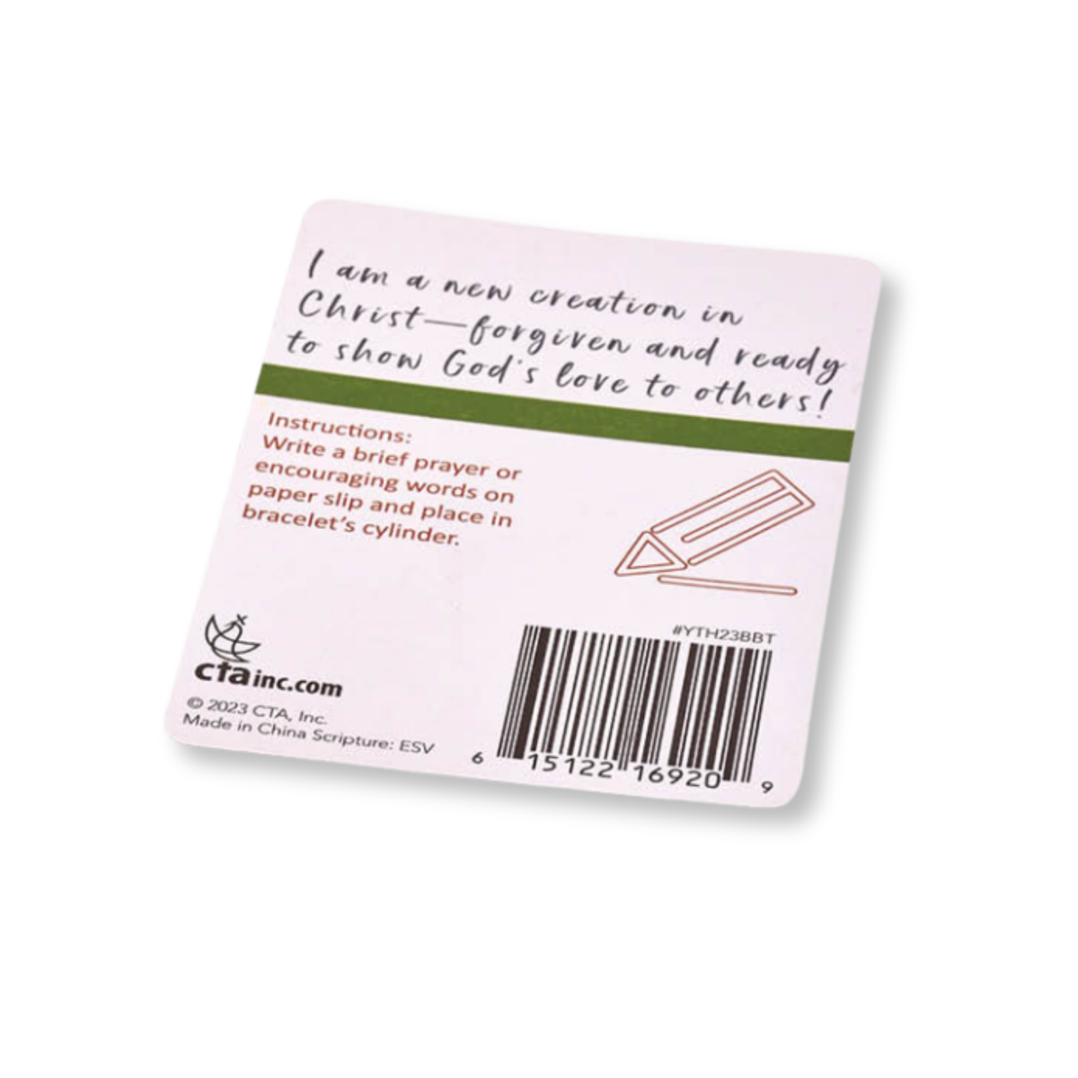 A square white card with printed instructions and a barcode, photographed on a plain white background. The card includes text about wearing a bracelet and a simple line drawing of a pencil by CTA Christ to All & CTA Gifts.