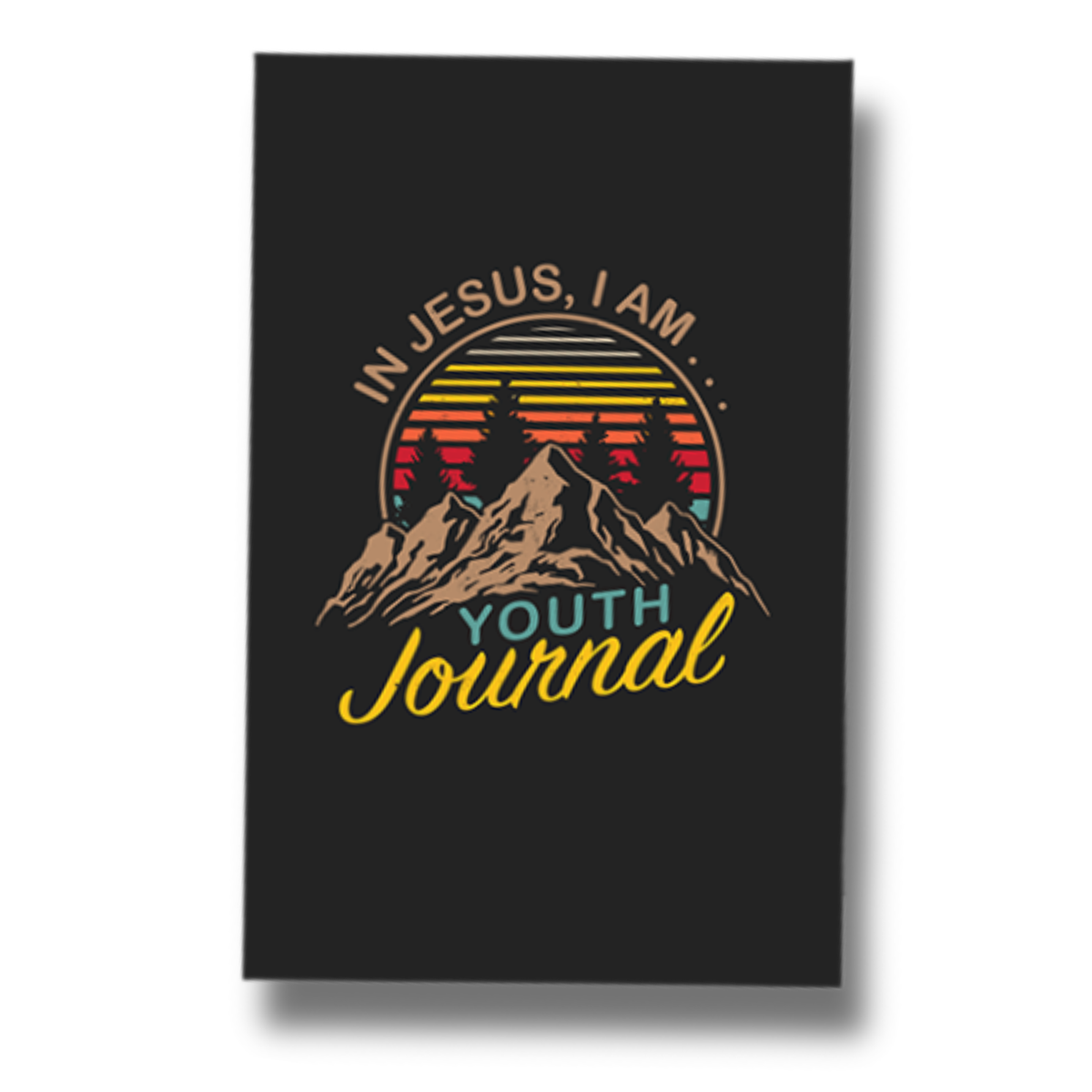 Black journal cover with mountain design and text 'In Jesus, I am... Youth Journal' on a white background by CTA Christ to All & CTAKids.